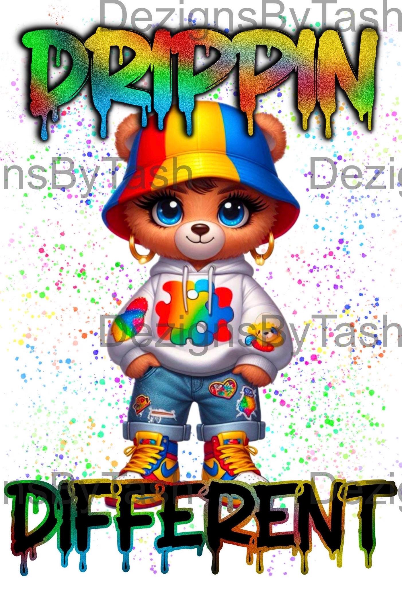 Drippin’ Different Autism Awareness Teddy Bear PNG | Trendy Digital Download for Shirts, Sublimation & More, Spectrum, Autistic, puzzle