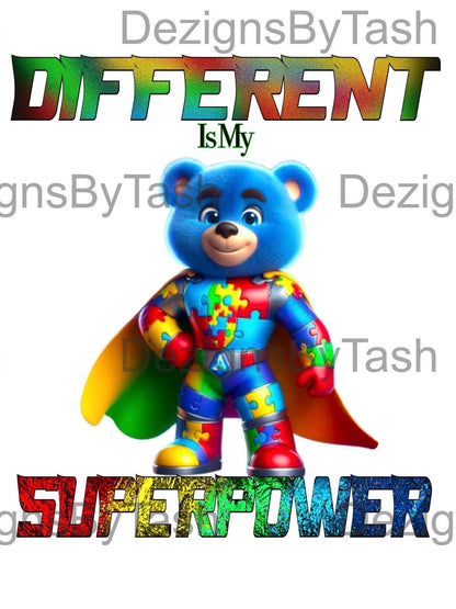 Different Is My Superpower PNG | Autism Awareness Superhero Digital Download for Shirts, Sublimation, Autistic Design, Neurodiversity