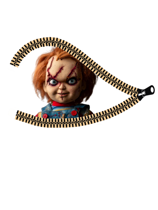 Chucky Peeking Through Zipper PNG • Creepy Halloween Horror Clipart • Scary Doll Sublimation Design for T-Shirts & Crafts