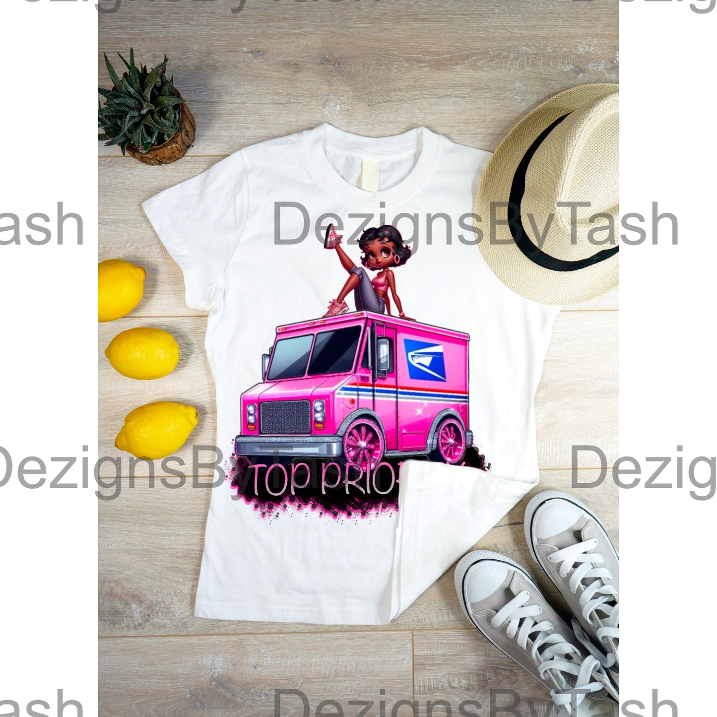 Top Priority PNG | Cute Stylish Woman Mail Truck Digital Download | Small Business Sticker Design | Girl Boss Clipart | Hustle Printable Art