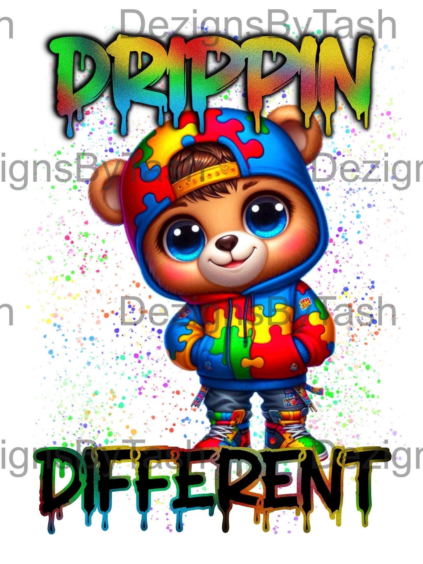 Drippin’ Different Autism Awareness Teddy Bear PNG | Trendy Digital Download for Shirts, Sublimation & More, Spectrum, Autistic, puzzle