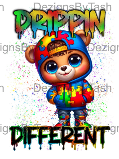 Drippin’ Different Autism Awareness Teddy Bear PNG | Trendy Digital Download for Shirts, Sublimation & More, Spectrum, Autistic, puzzle